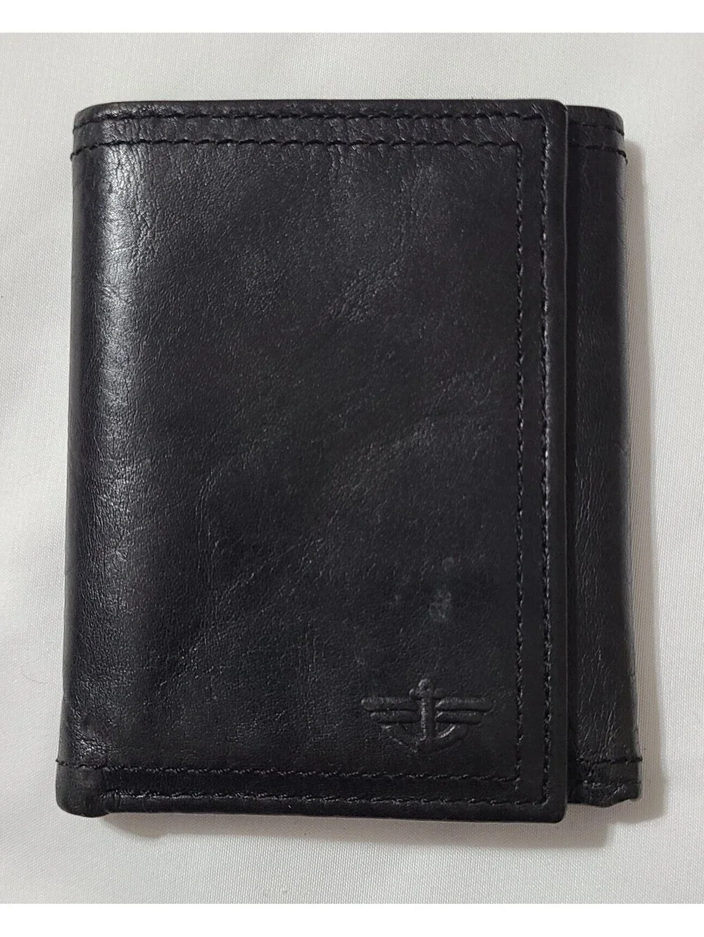 Dockers Genuine Leather Trifold Wallet Black ID Window CC Holder 6 Card Slot GUC